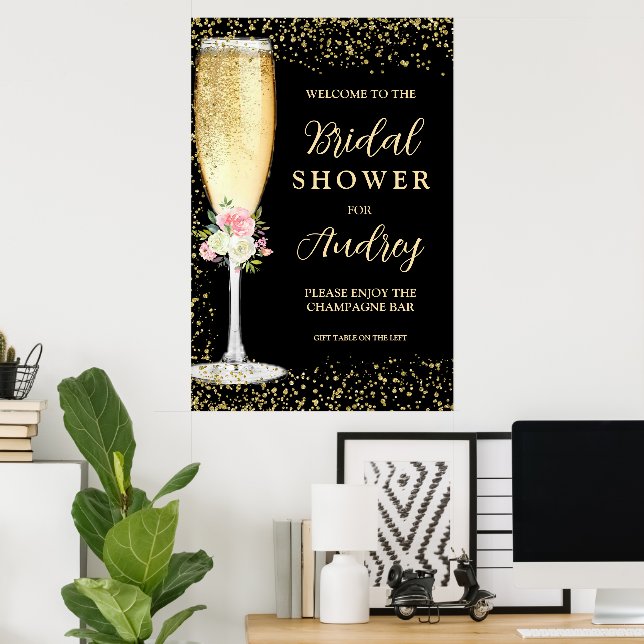 Póster Copa de Champagne elegante floral para despedida d (Oficina en casa)