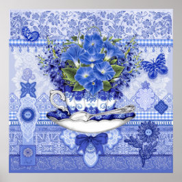 Póster Copa de porcelana azul y flores