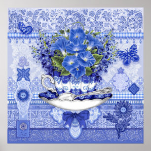 Póster Copa de porcelana azul y flores