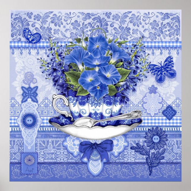 Póster Copa de porcelana azul y flores (Frente)