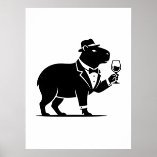 Póster Copa de vino de capibara divertida minimalista mod