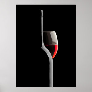 Póster Copa de vino rojo elegante y botella. Fondo negro