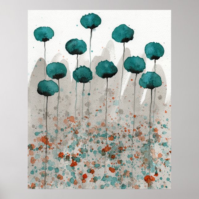 Póster Copas verde azuladas y grises, pared de flores acu (Frente)