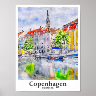 Póster Copenhague Dinamarca mano acuarela de viaje