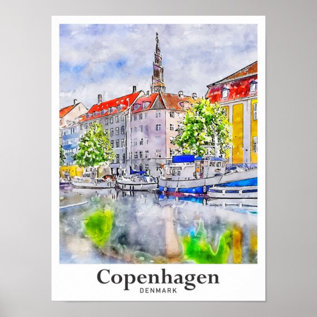 Póster Copenhague Dinamarca mano acuarela de viaje (Frente)