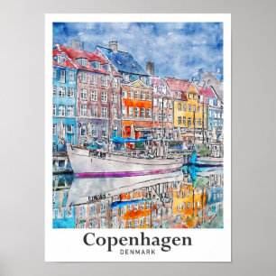 Póster Copenhague Dinamarca mano acuarela de viaje