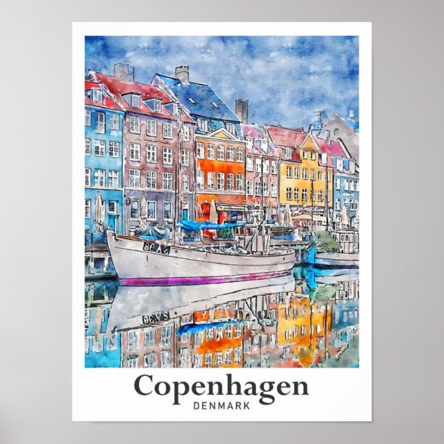 Póster Copenhague Dinamarca mano acuarela de viaje (Frente)