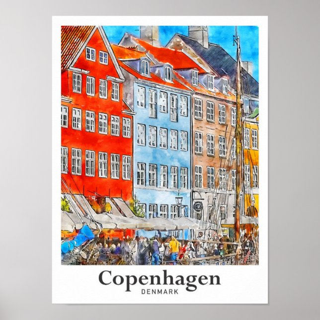 Póster Copenhague Dinamarca Viaja por Sketch de acuarela (Frente)