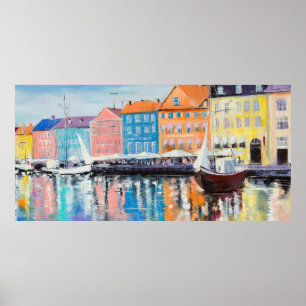 Póster Copenhague en un día brillante, edificios colorido