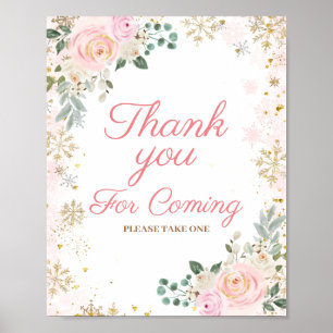 Póster Copo de nieve con flores rosadas en invierno Graci