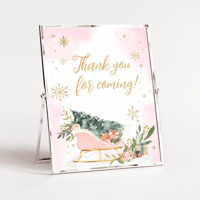Póster Copo de nieve de oro rosado en invierno gracias po (Pink Sleigh Baby Shower Thank You for Coming Sign)