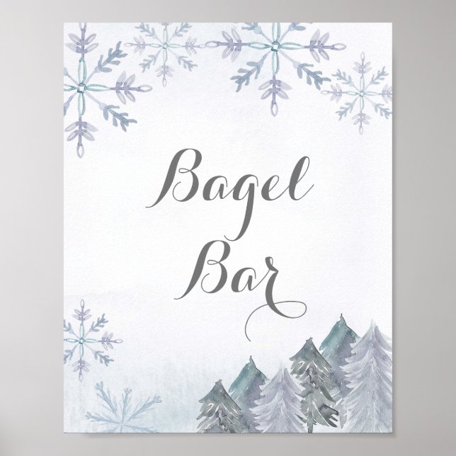 Póster Copo de nieve invierno acuarela Bagel Bar Rótulo (Frente)