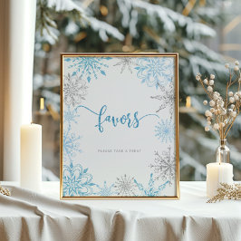 Póster Copos de nieve de plata azul Favor toma un regalo
