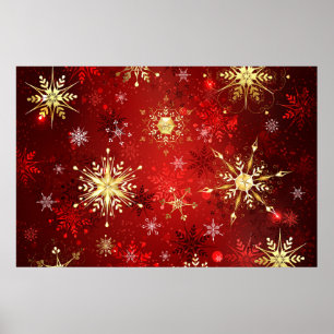 Póster Copos de nieve dorados de Navidad sobre fondo rojo