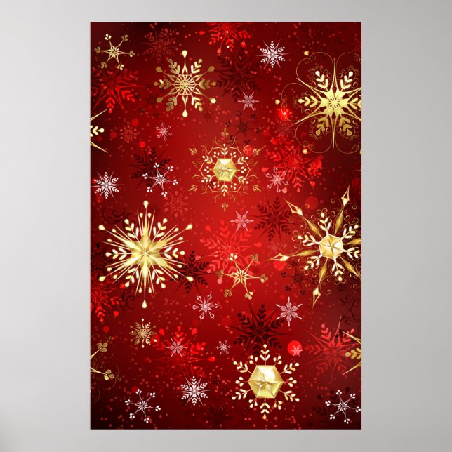 Póster Copos de nieve dorados de Navidad sobre fondo rojo (Frente)