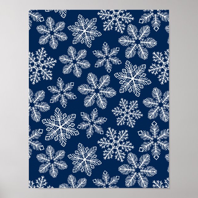 Póster Copos de nieve en azul oscuro (Frente)