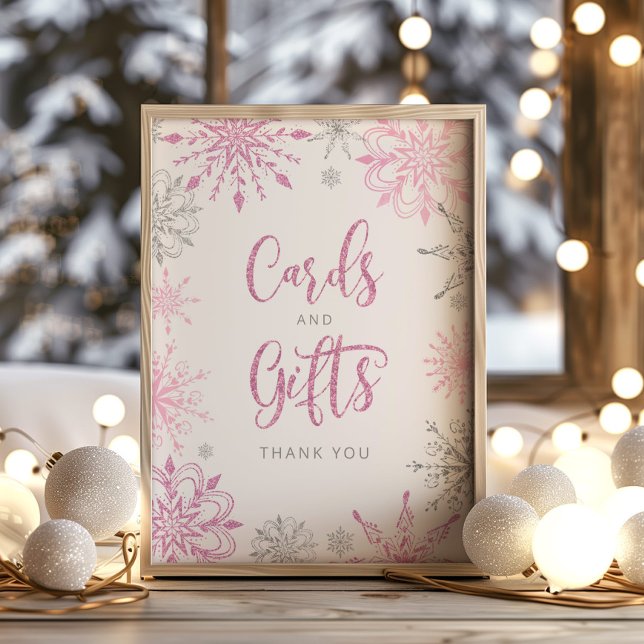 Póster Copos de nieve rosados de plata en invierno Tarjet (Subido por el creador)