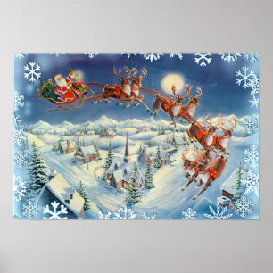Póster COPOS DE NIEVE y TRINEO de SANTA de SHARON SHARPE