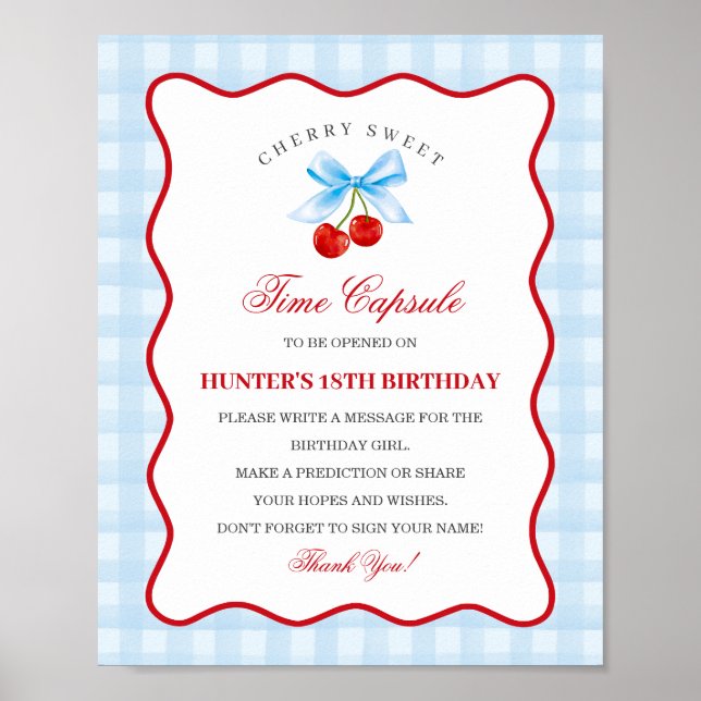 Póster Coqueta azul dulce cereza Bow Gingha Cápsula del t (Frente)