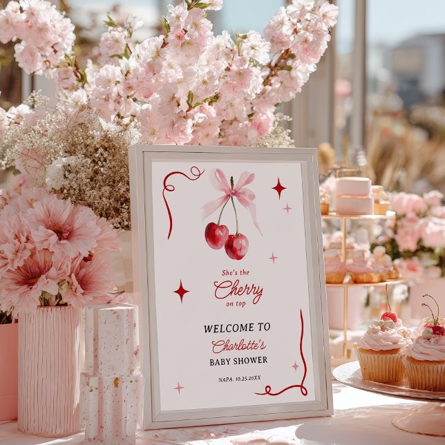 Póster Coqueta rosa Bow Cherry en Baby Shower superior Ch (Pink Coquette Bow Cherry On top Girl Baby Shower Poster)