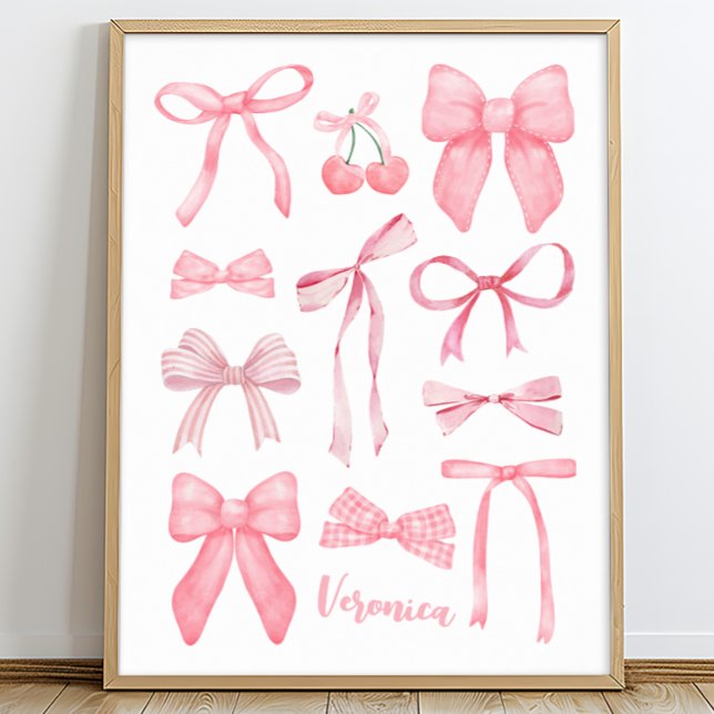 Póster Coquette Aesthetic Cute Girly Pink Bows con nombre (Coquette poster, coquette wall art, pink bow poster, personalized cute girly aesthetic art print)