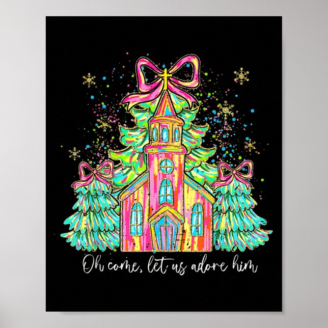 Póster Coquette Bow Christmas Tree Jesus Oh Come Let Us A (Frente)