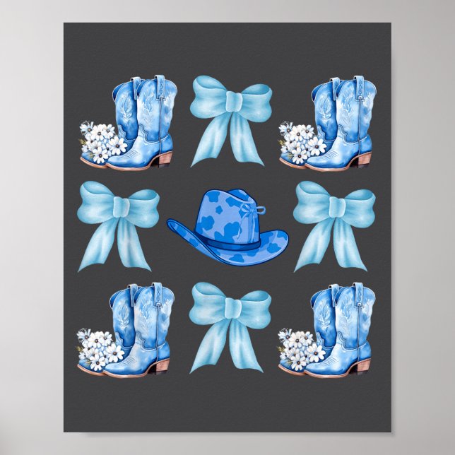 Póster Coquette Bow Cowgirl Boots Blue Bows Hat Western R (Frente)