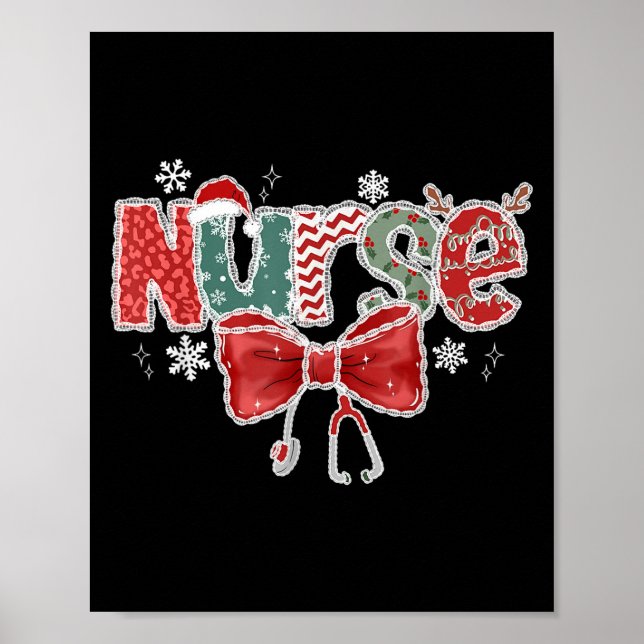 Póster Coquette Bow Stethoscope Enfermera Feliz Navidad X (Frente)