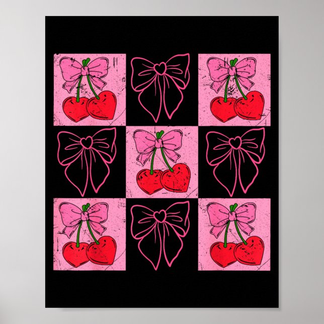Póster Coquette Checkred Pink Bow And Red Cherries Valent (Frente)