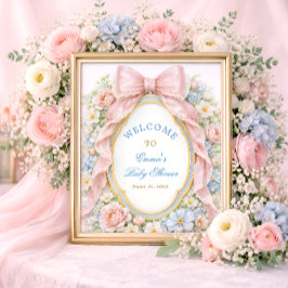 Póster Coquette Girly Pink Bow Floral Baby Shower Welcome