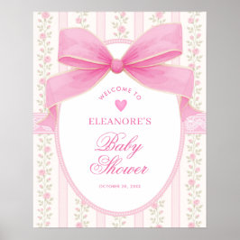 Póster Coquette Pink Bow Roses Girl Baby Shower Welcome