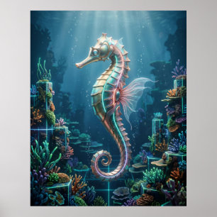 Póster Coral Grid de Caballito de Mar de Neón