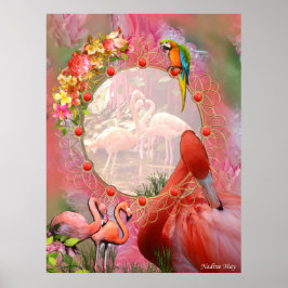 Póster Coral, hierba, flores y flamencos rosados