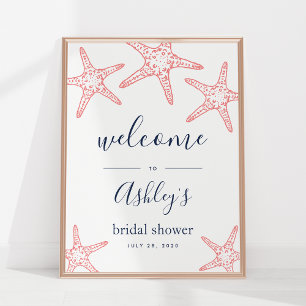 Póster Coral & Navy Starfish Bridal Shower Welcome Sign