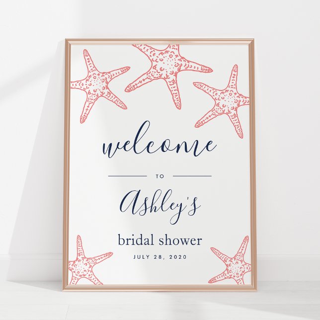 Póster Coral & Navy Starfish Bridal Shower Welcome Sign (Subido por el creador)