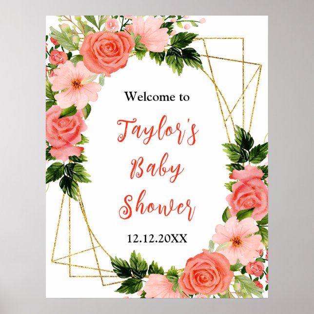 Póster Coral Red Roses Floral Baby Shower Welcome Sign (Frente)