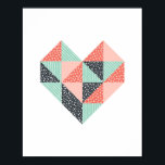 Póster Coral y negro de mimbre de triángulo<br><div class="desc">Este arte mural moderno se vería maravilloso por su cuenta o como parte de una pared de una galería. Este diseño presenta una forma de corazón compuesta por triángulos en tonos verde menta,  rosa coral y negro.</div>
