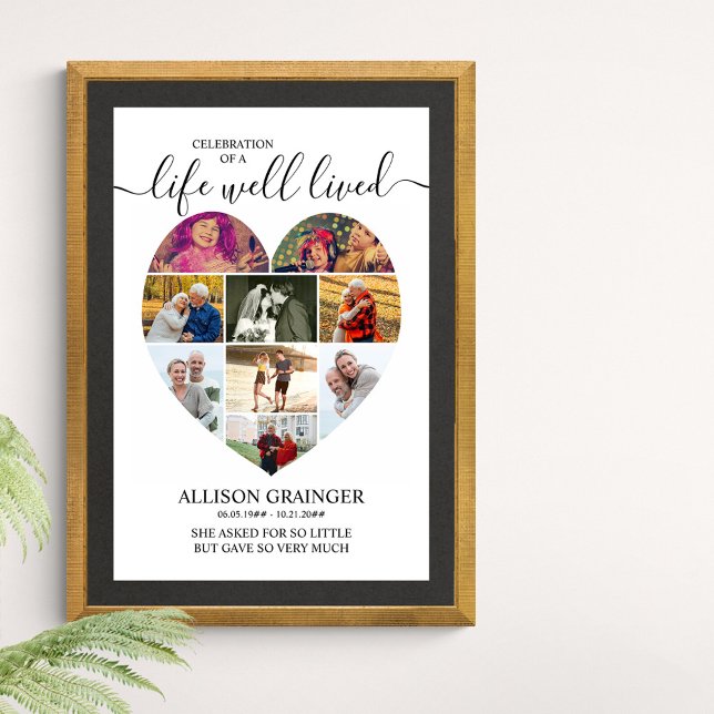 Póster Corazón 9 Vida de Collage de fotos Funeral Bien Vi (Funeral memorial poster to order professionally printed or as a printable digital download)