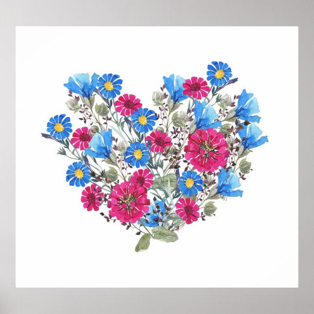 Póster Corazón acuarela floral, flores silvestres brillan (Frente)