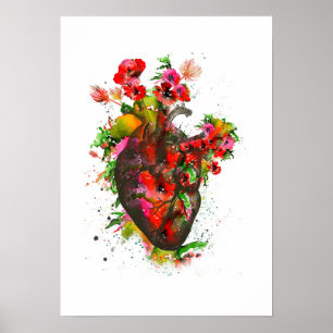 Póster Corazón anatómico con flores, corazón floral