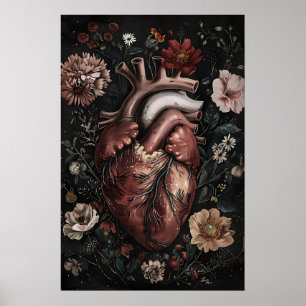 Póster Corazón Anatómico con Flores Impreso, Vintage