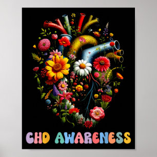 Póster Corazón Anatómico Floral Conciencia CHD Congénita