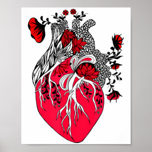 Póster Corazón Anatómico Floreciendo Flores Rojas de San 