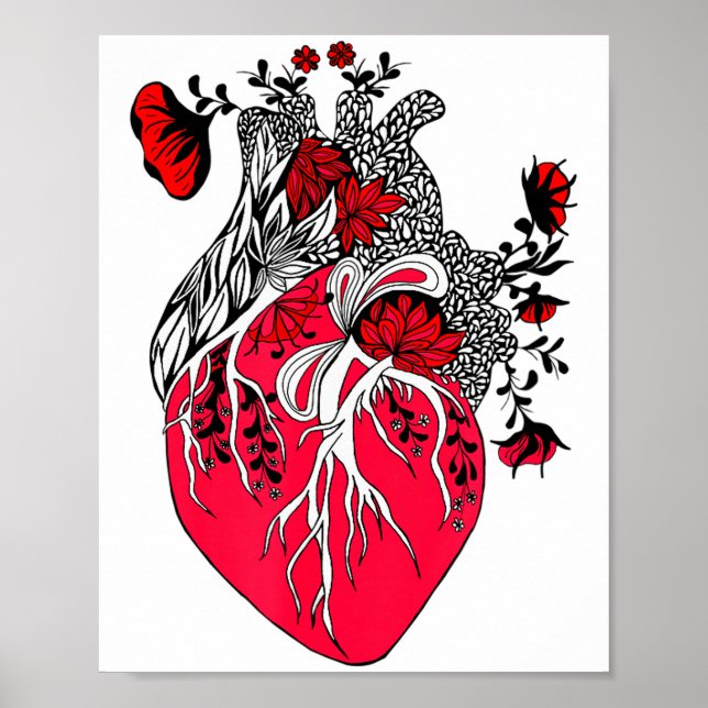 Póster Corazón Anatómico Floreciendo Flores Rojas de San  (Frente)