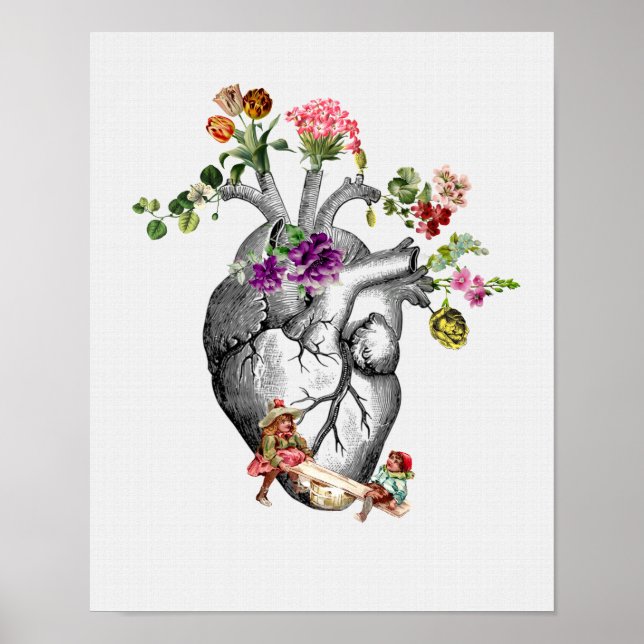 Póster Corazón anatómico y flores Prin cardíaco anatómico (Frente)