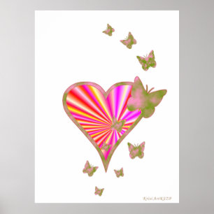 Póster Corazón arcoiris y mariposa