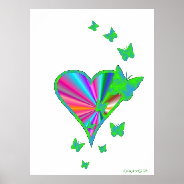 Póster Corazón arcoiris y mariposa (Frente)
