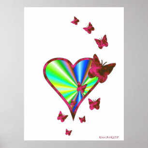 Póster Corazón arcoiris y mariposa