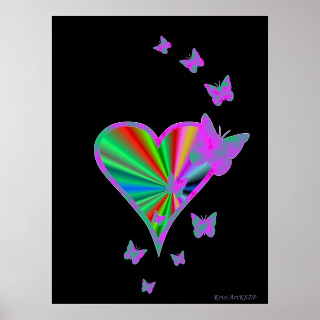Póster Corazón arcoiris y mariposa (Frente)