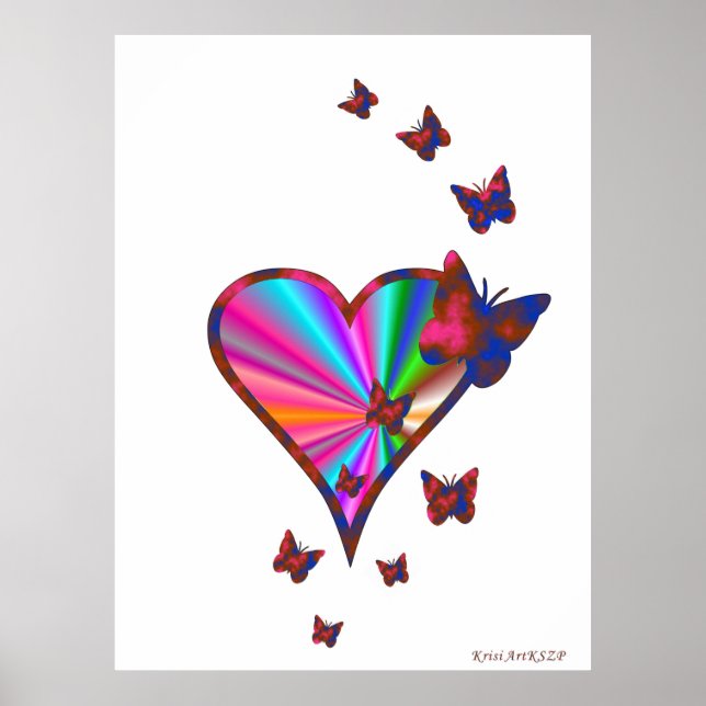 Póster Corazón arcoiris y mariposa (Frente)